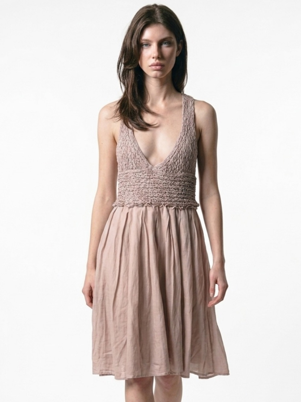 HAZEL Anthropologie Dress Empire Crocheted V Neck Beige Knit Sleeveless Medium